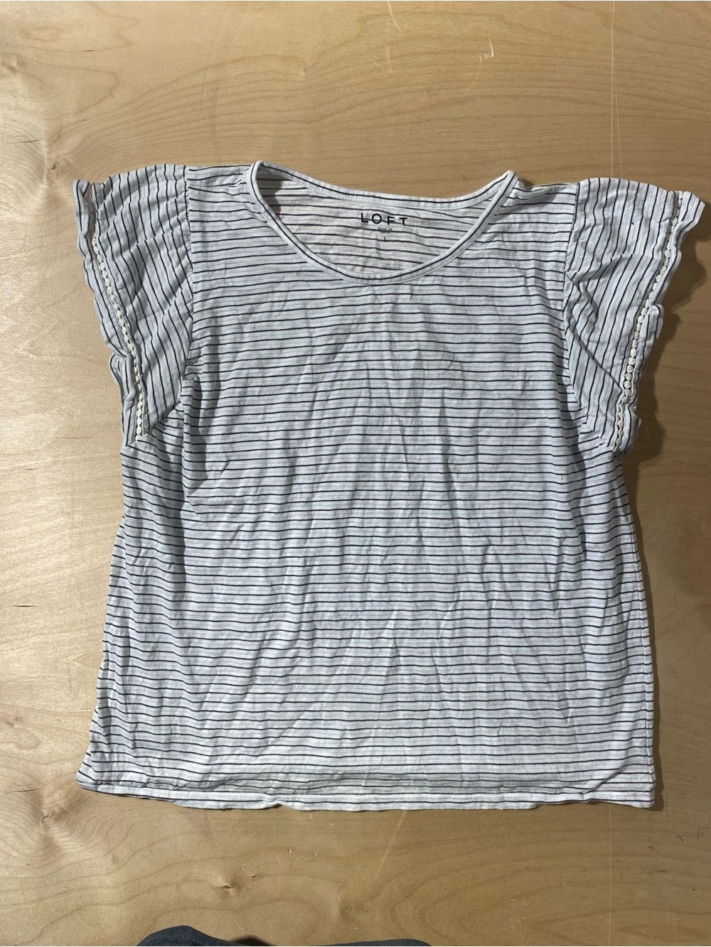 LOFT White & Navy Striped Ruffle Sleeve Tee Large (AU)